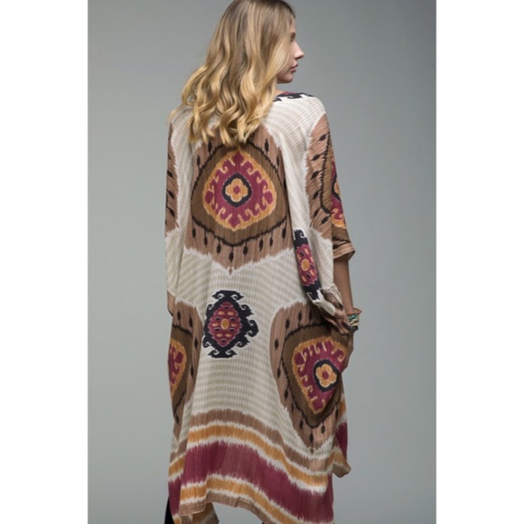 Bohemian Mandala Inspired Stripes Side Slit Kimono Coverup Wrap Casual Women's - Picture 6 of 6